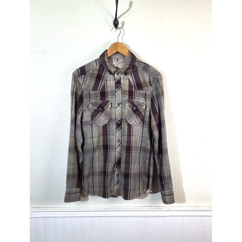 AllSaints Spitalfields Mens M Plaid Snap Button Western Shirt Gray Burgundy